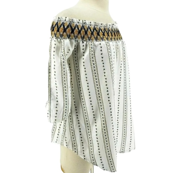 J By J.O.A Smocked Off Shoulder Floral Striped White Top. White, blue, & yellow - Picture 4 of 10